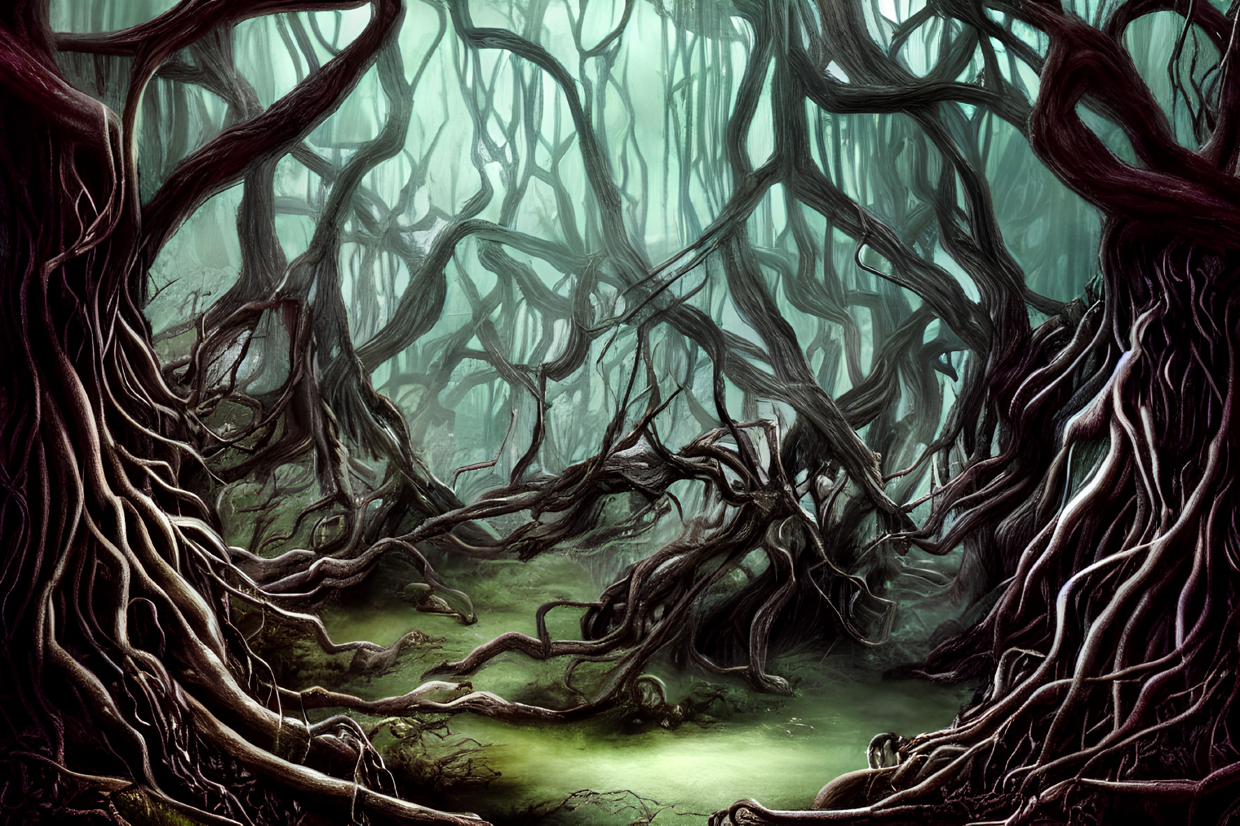 Twisted tree roots and branches in eerie, glowing forest