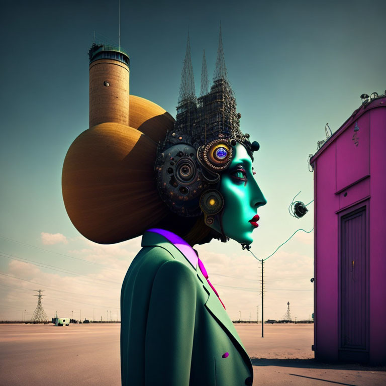 Surreal artwork: Robotic woman with mechanical gears in head in industrial landscape