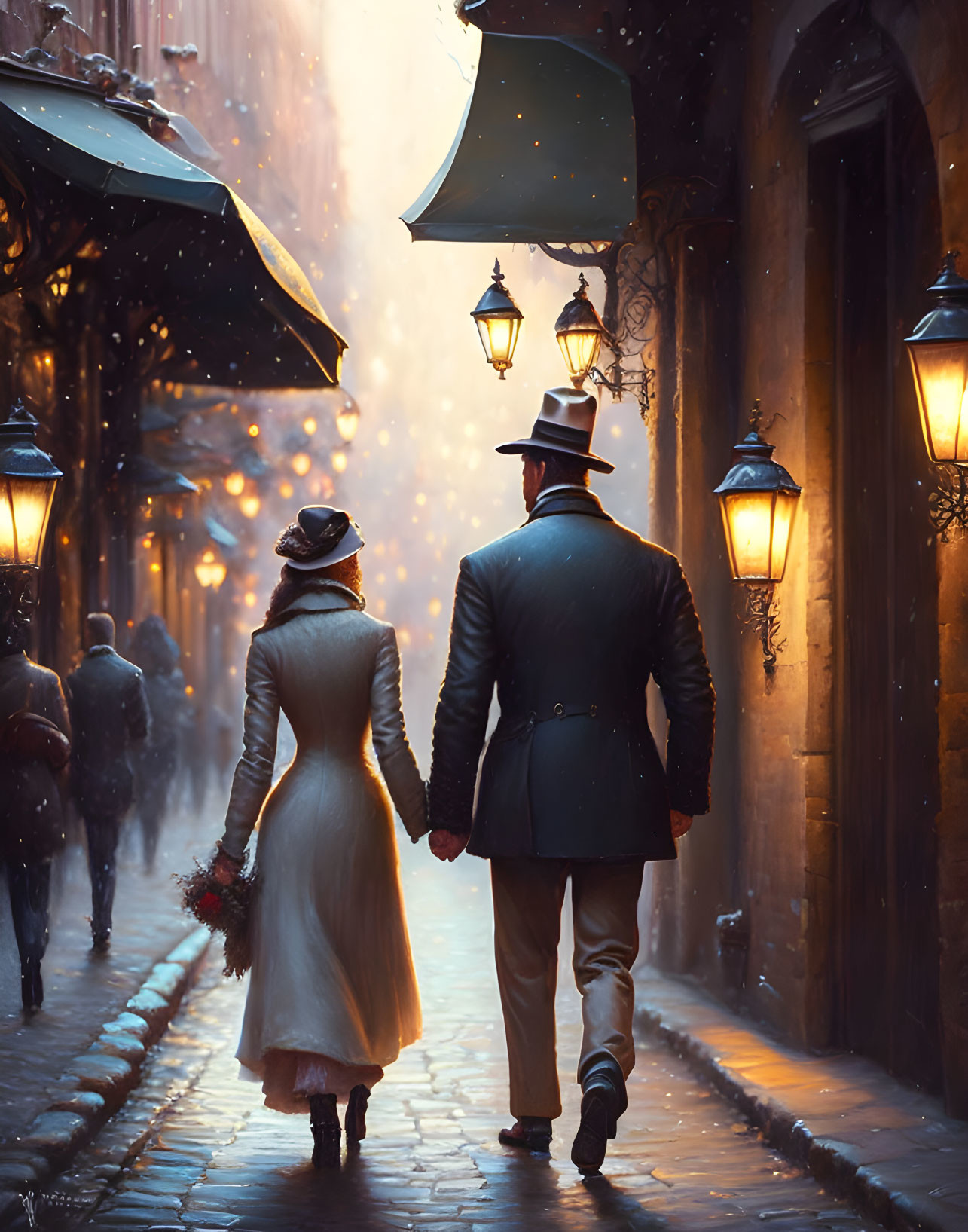 Couple walking down vintage lamp-lit street in snowstorm