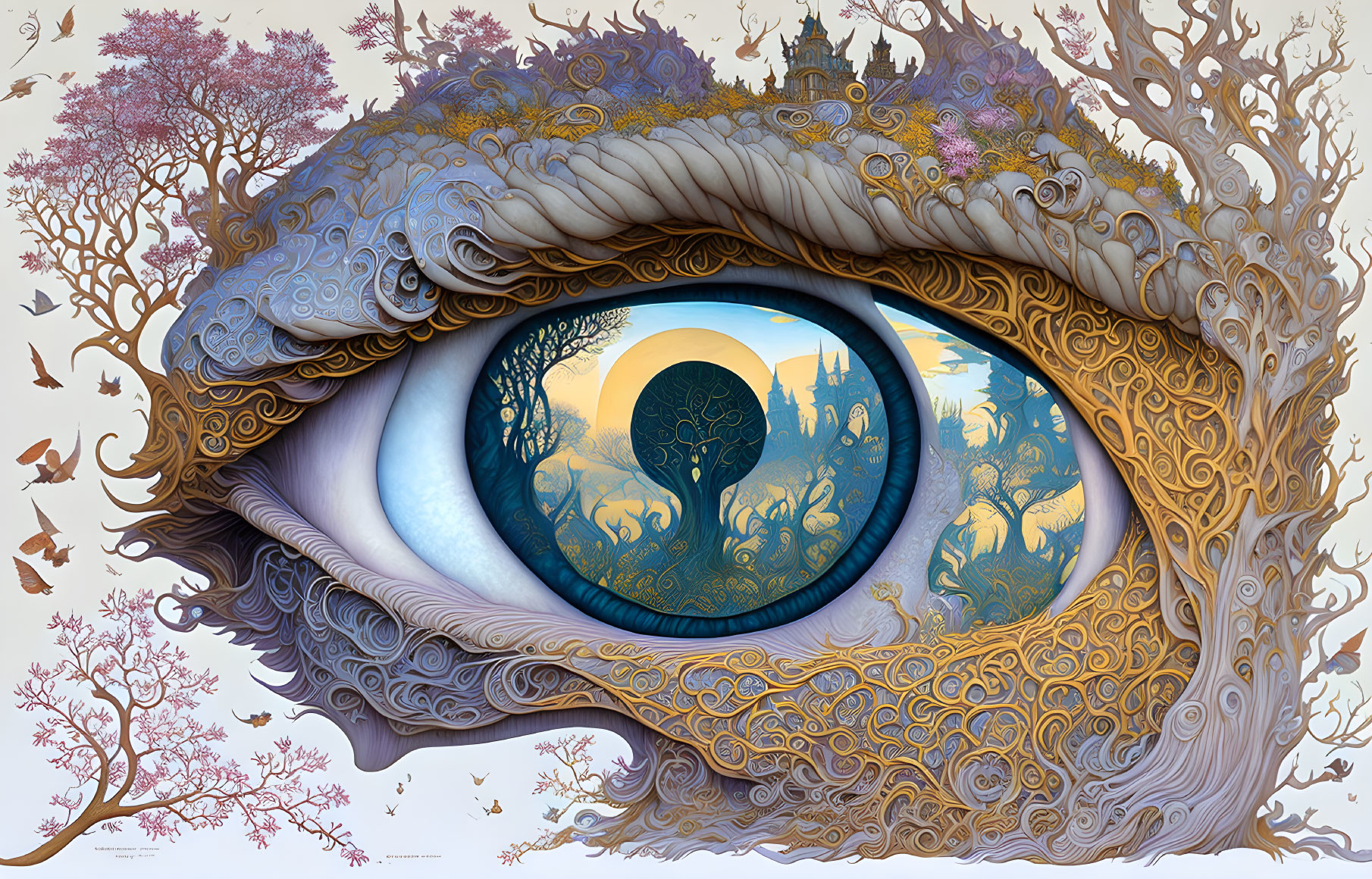 Detailed fantastical eye artwork with mystical landscape and ornate patterns