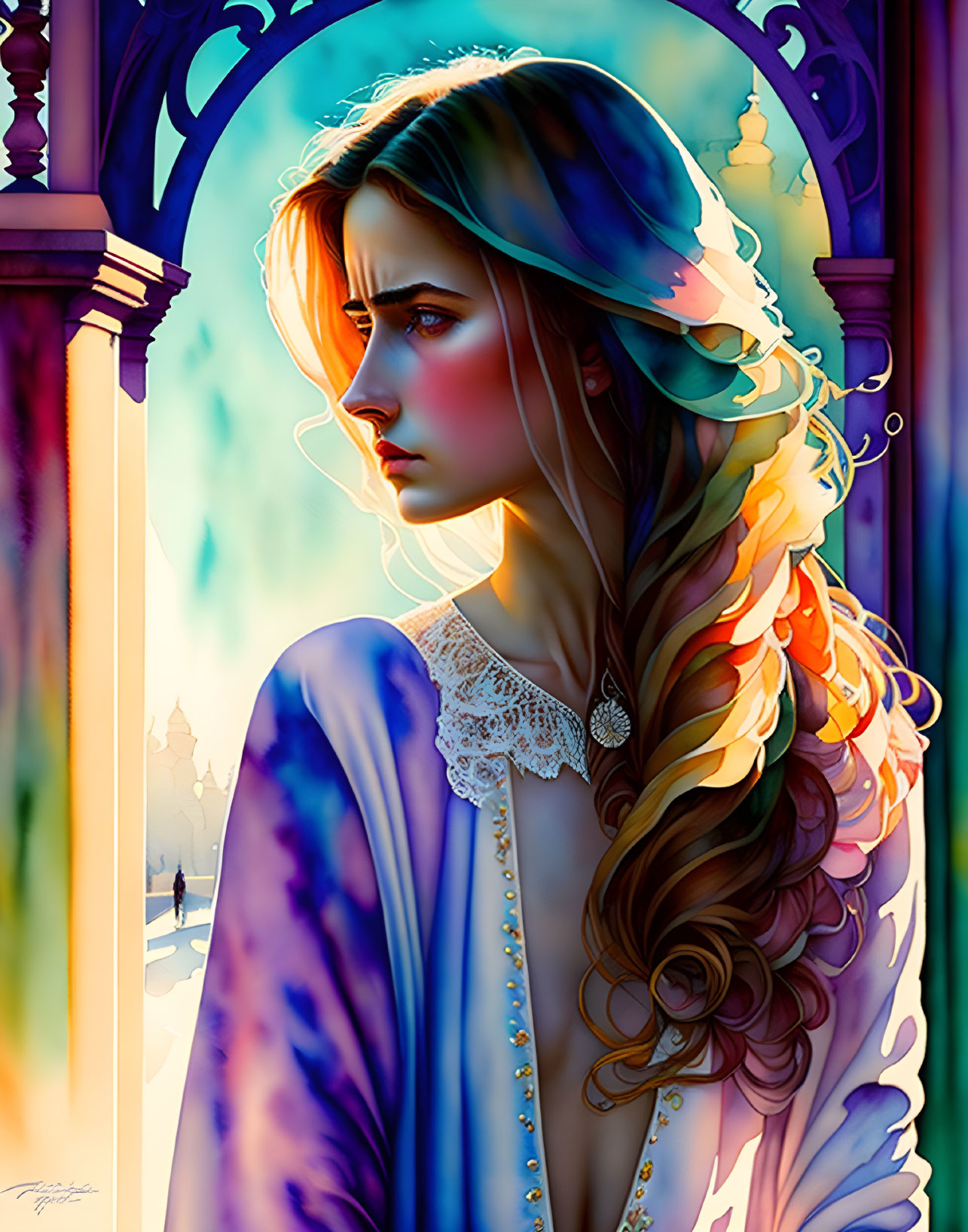 Colorful flowing hair pensive woman in front of ornate sunset view window