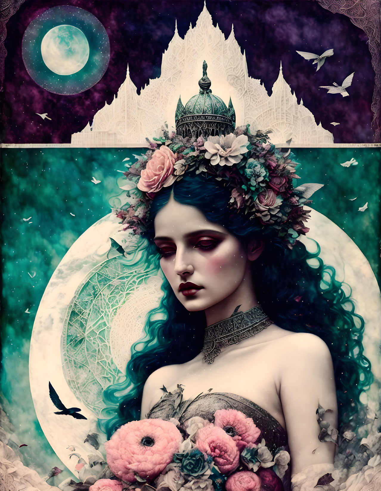 Blue-skinned woman portrait with flowers, birds, and moon backdrop