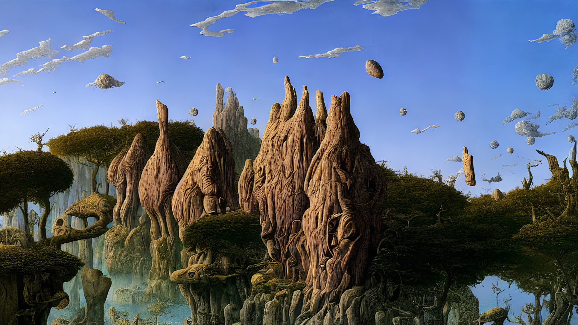 Fantastical landscape with towering tree-like structures and floating rocks