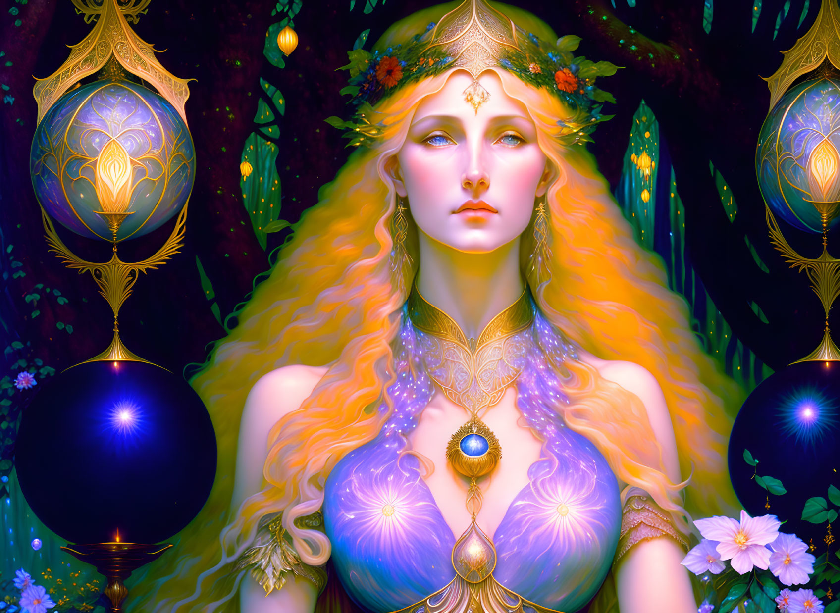 Ethereal fantasy woman with golden hair in forest setting