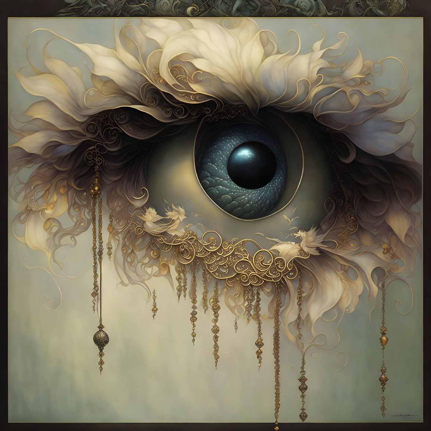 Intricate surreal eye with feather-like lashes and gold filigree art.