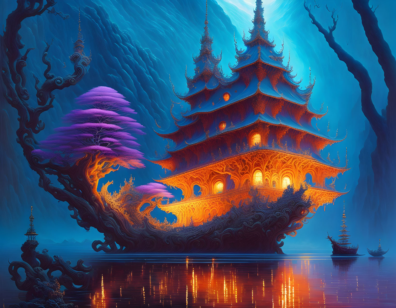 Mystical floating pagodas in starlit landscape