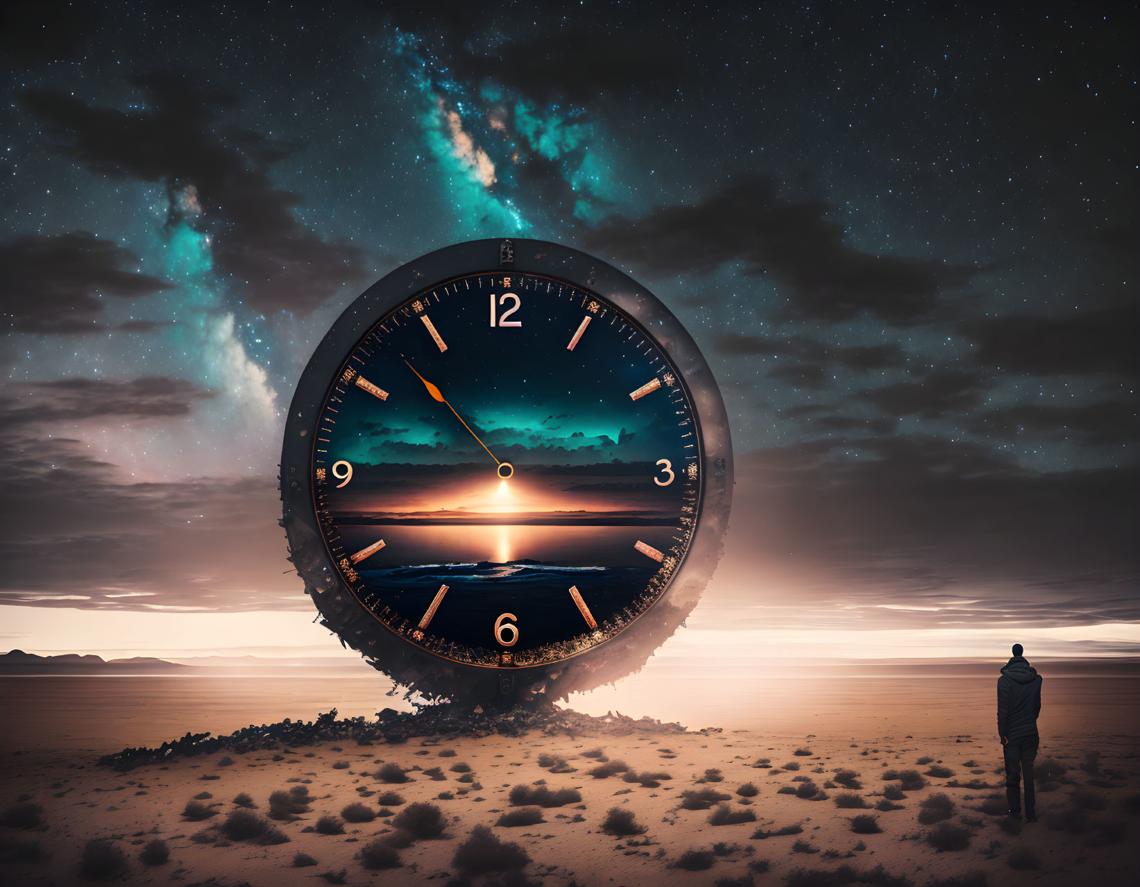 Twilight desert scene with person and giant buried clock under starry sky