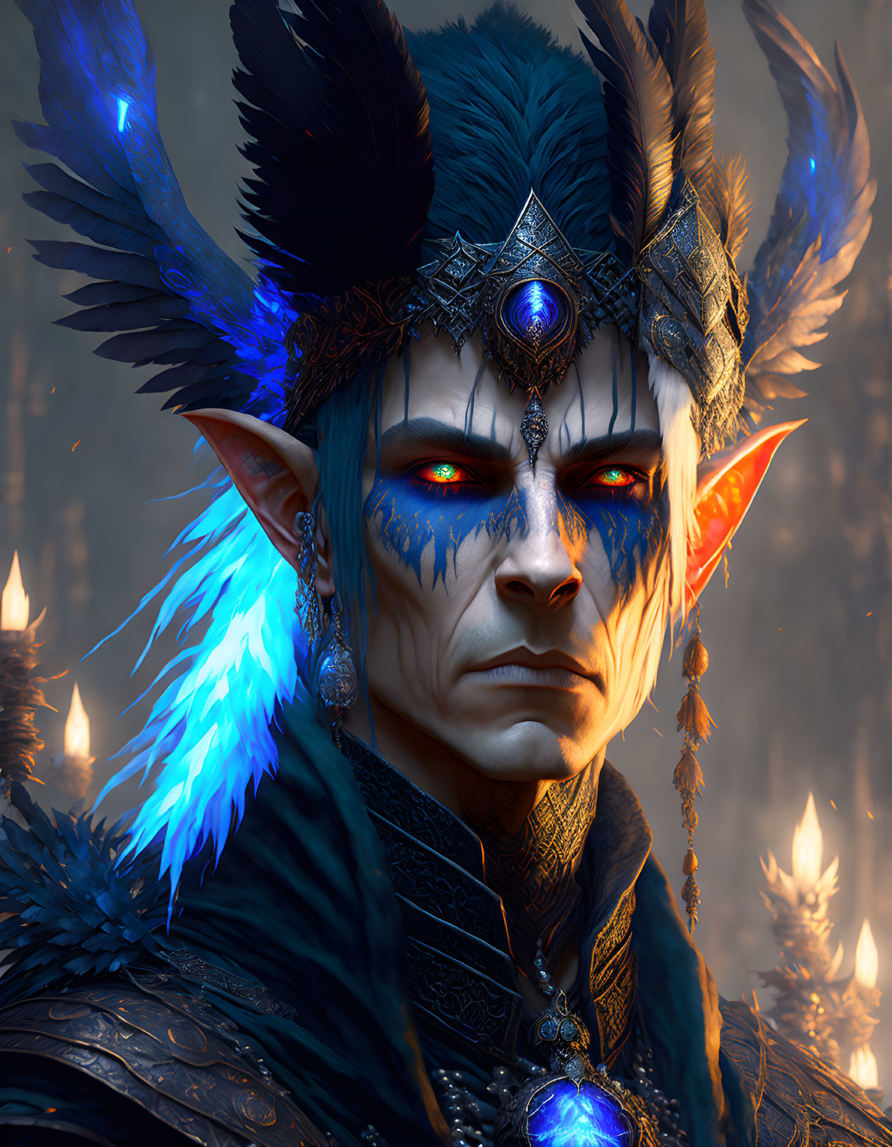 Blue-feathered fantasy character with jewel-encrusted crown and red eyes in dimly lit