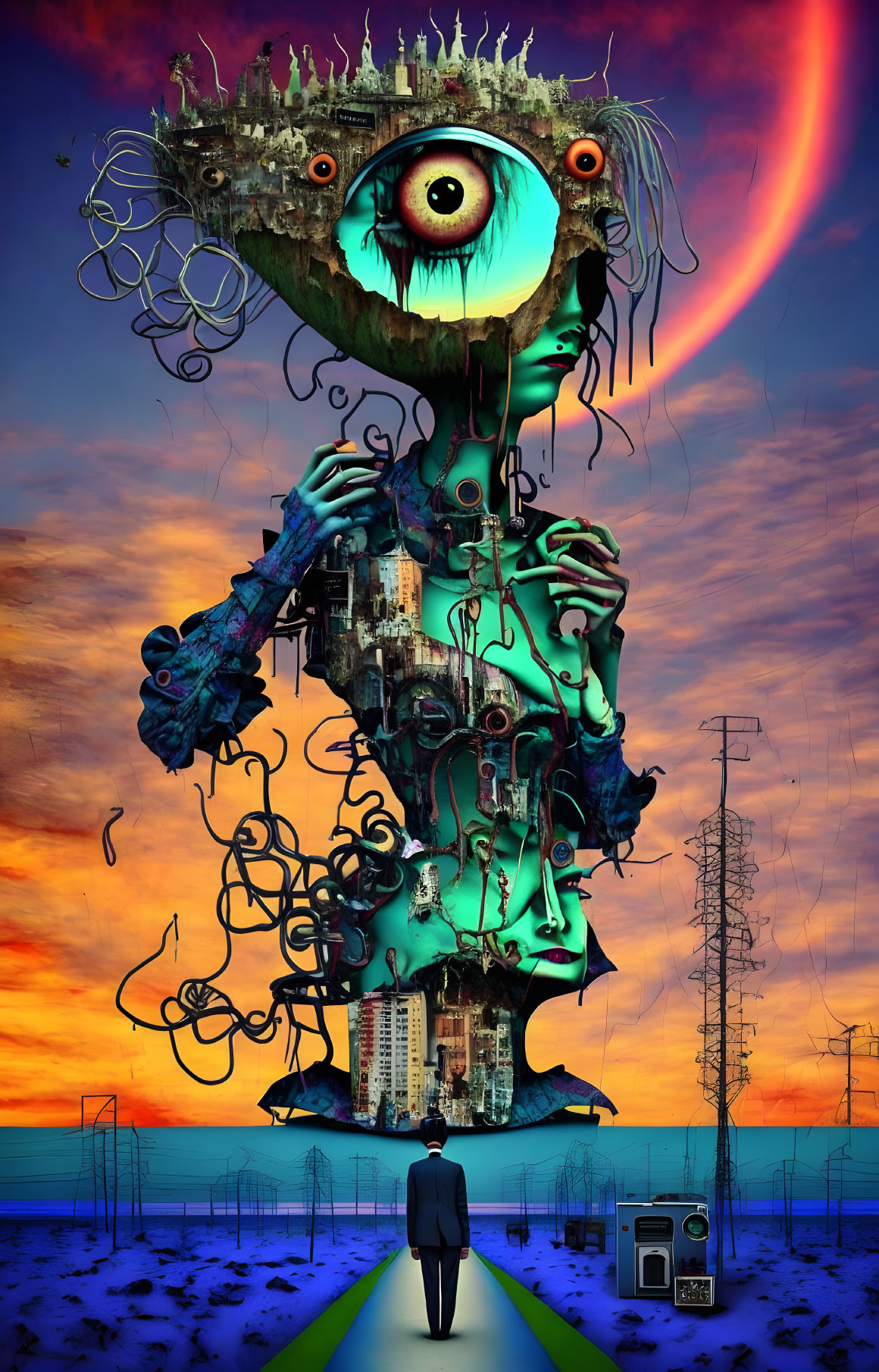 Surreal human silhouette with chaotic cityscape head in vibrant sky