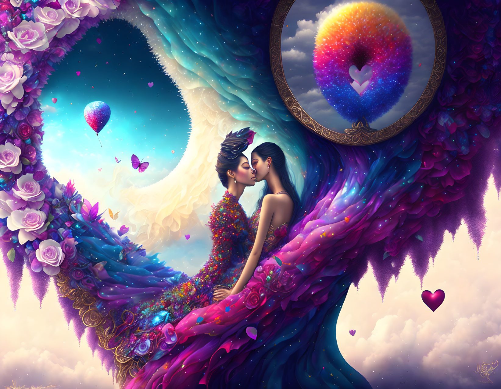 Colorful embrace with flowers, butterflies, and balloon in surreal scene