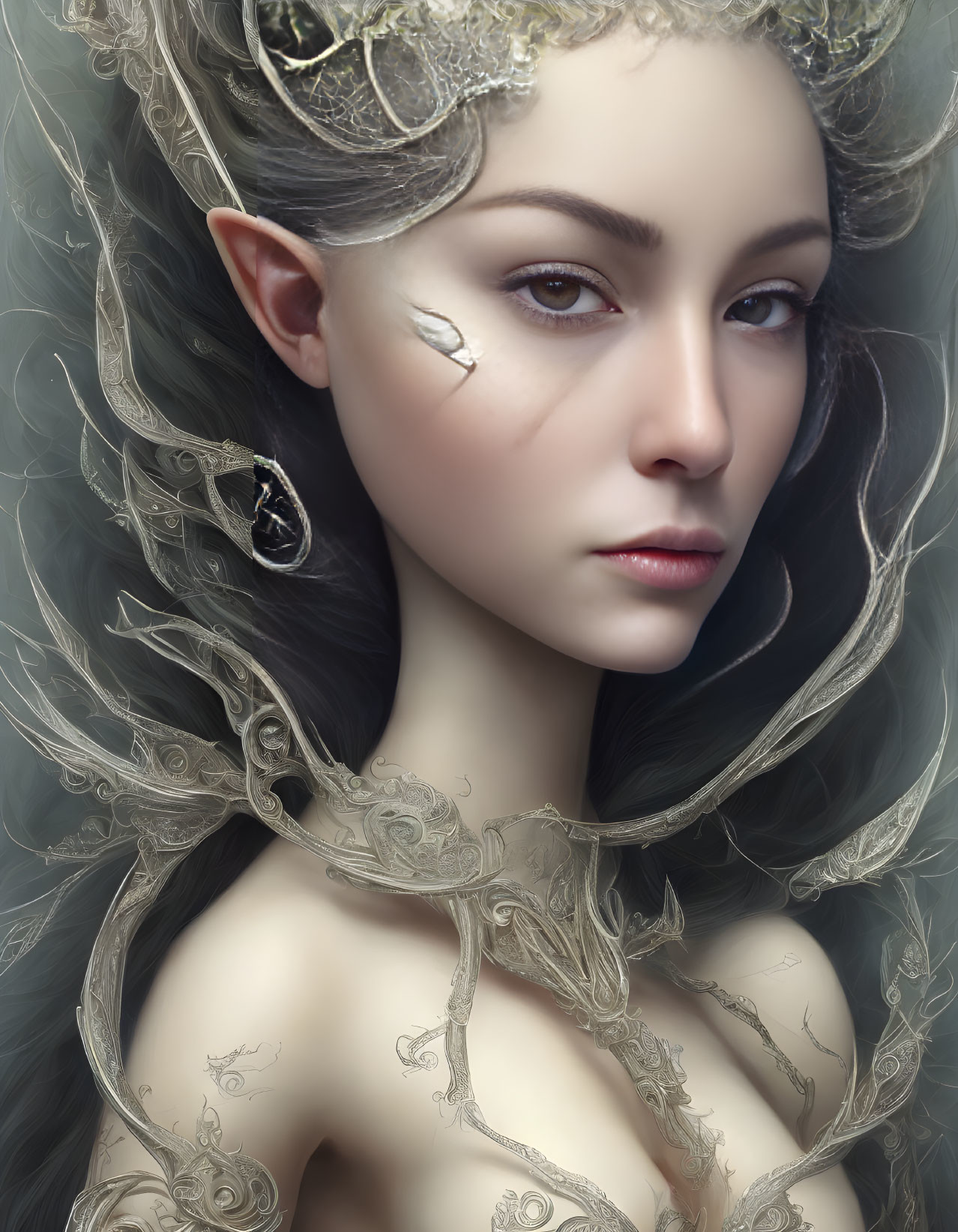 Ethereal woman with elfin ears in silver headpiece and jewelry.