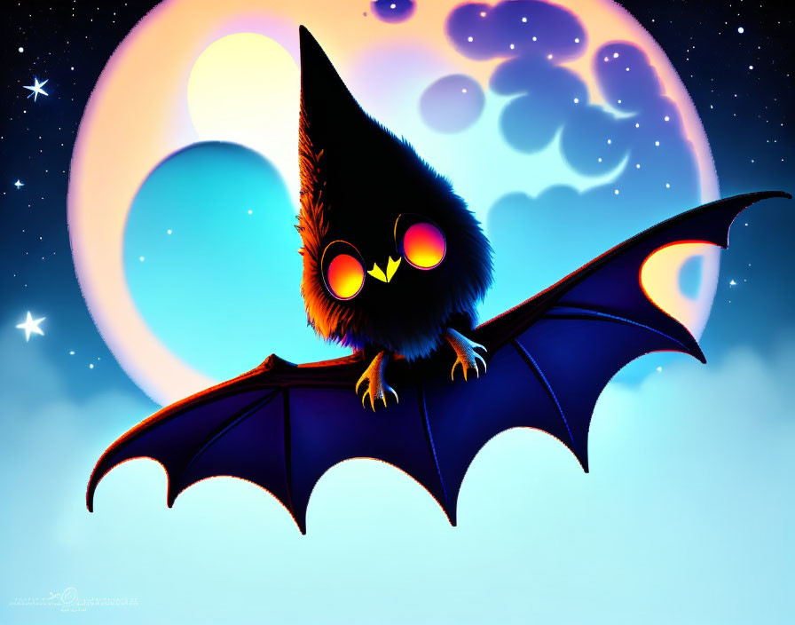 Illustration of cute black bat with yellow eyes in night sky