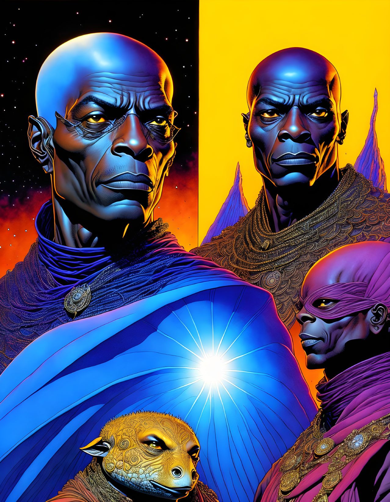 Vibrant Comic Illustration: Three Wise Bald Men, Alien, Blue Garments, Starry