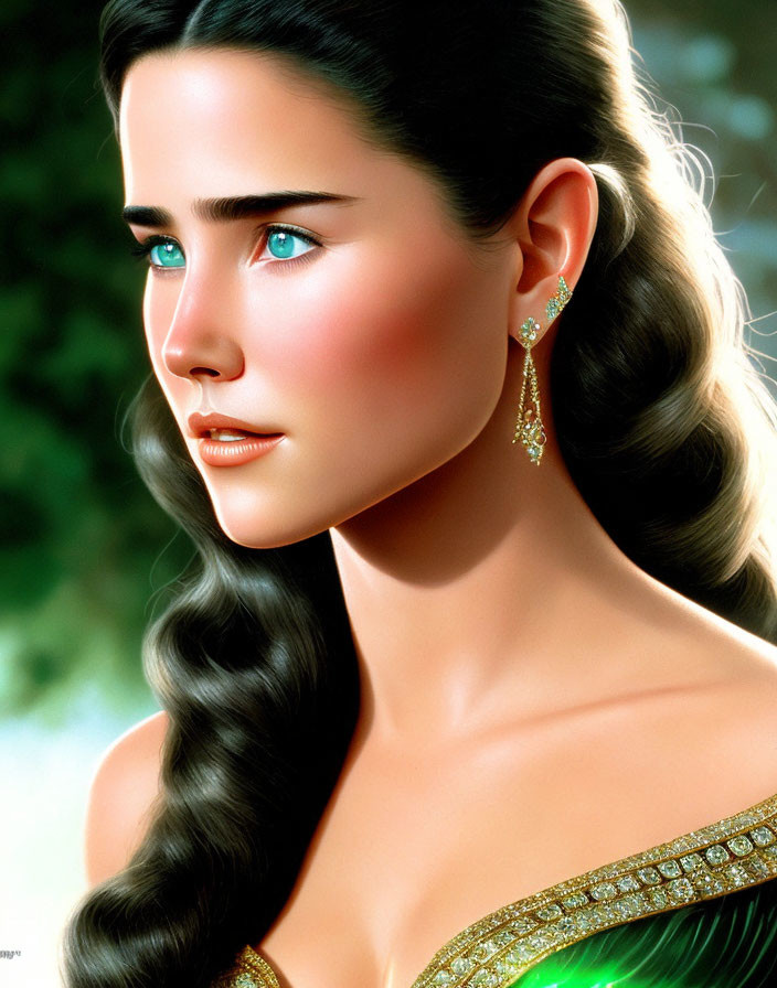 Digital Portrait of Woman with Green Eyes and Braided Hair in Green Outfit