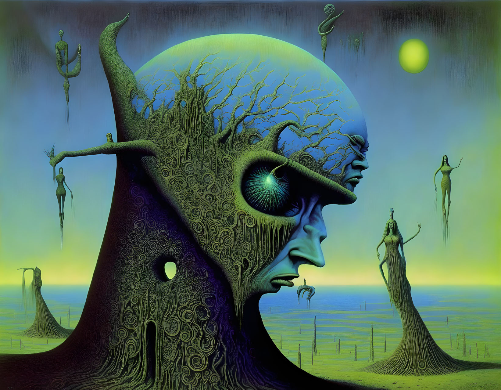 Surreal landscape with humanoid face, natural elements, moon, and silhouetted figures