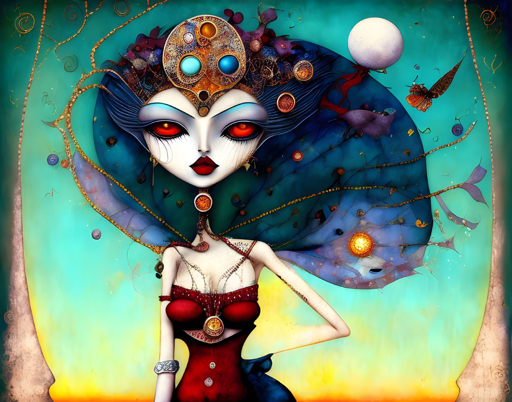 Cosmic-themed woman illustration with red lips and corset