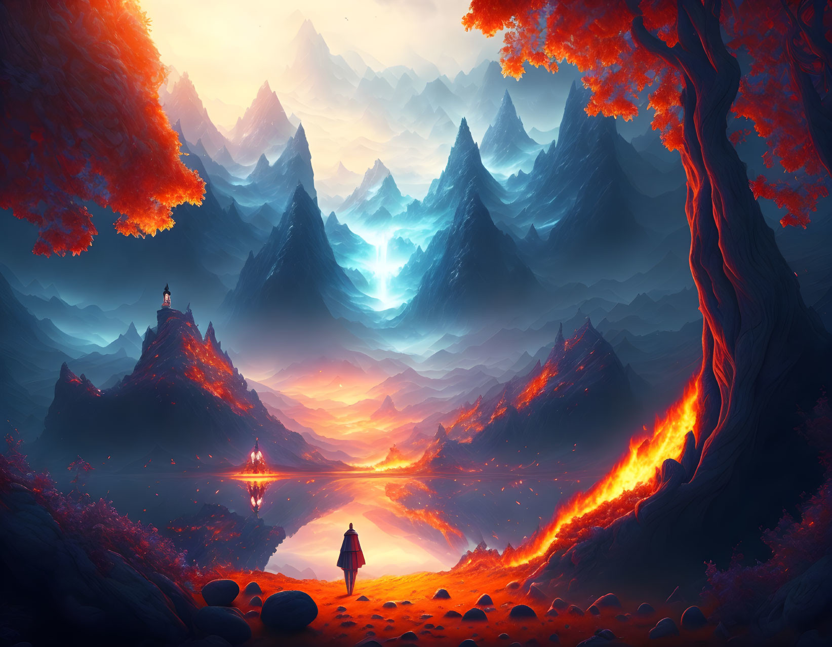 Colorful digital artwork: Person by fiery river with red trees & misty mountains