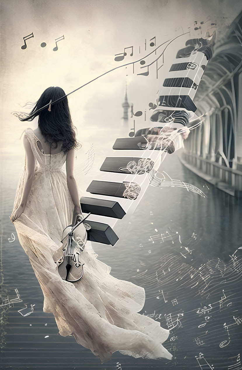 Woman in flowing gown plays violin with magical musical notes and piano keys swirling by the sea