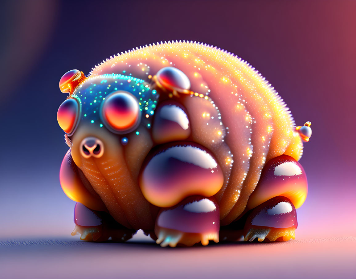 Vibrant digital artwork: chubby caterpillar creature with iridescent, dewdrop-covered body