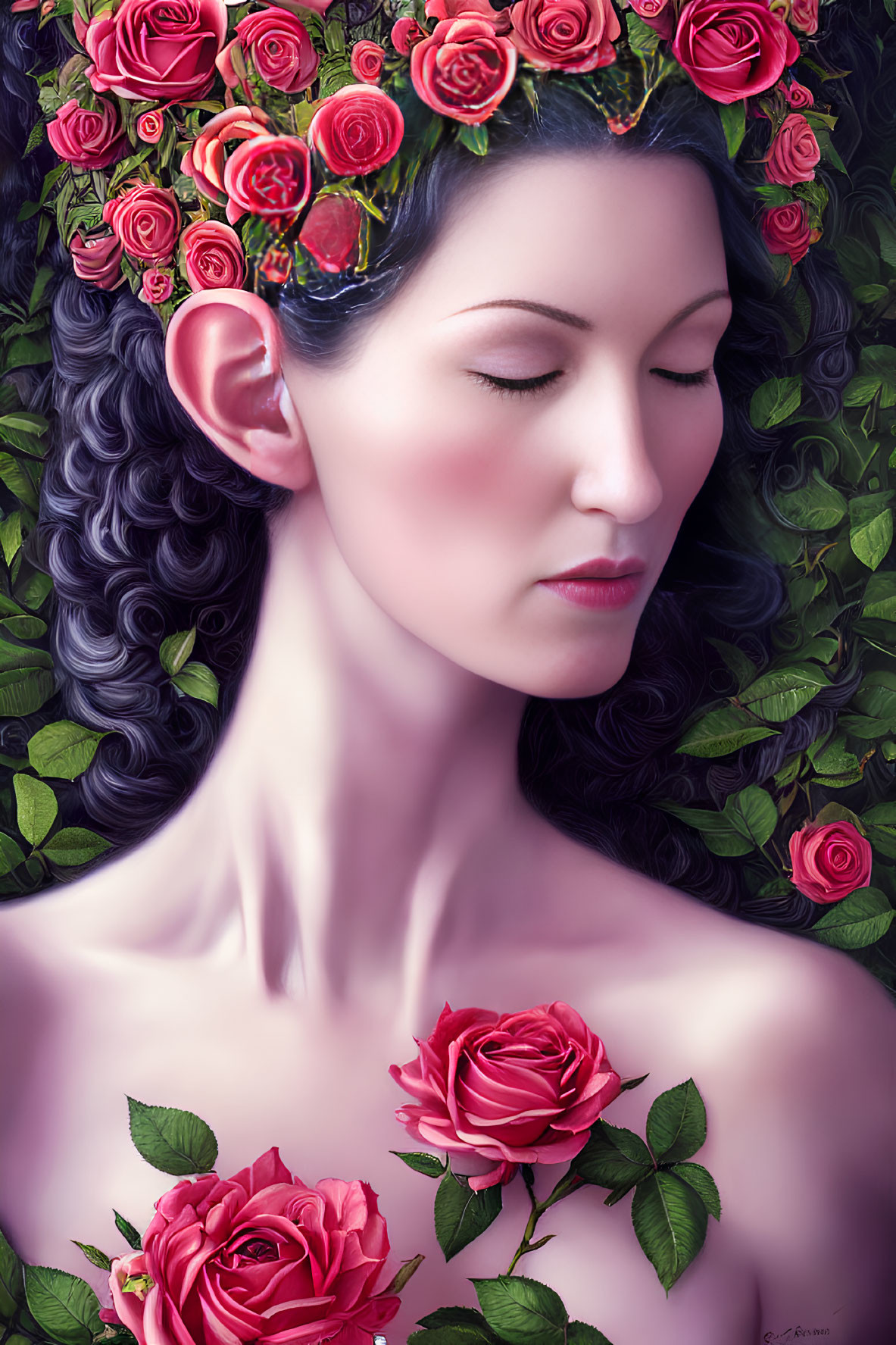 Illustration of woman with rose crown in serene natural setting