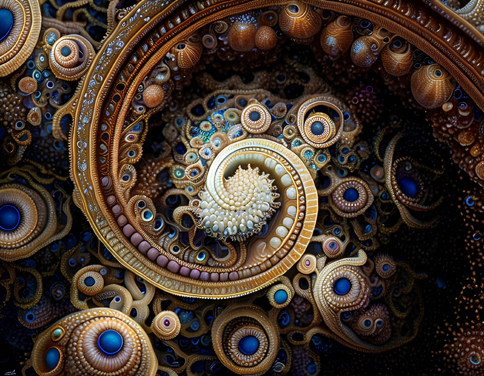 Detailed Fractal Design with Spiral Shapes in Brown, Gold, and Blue