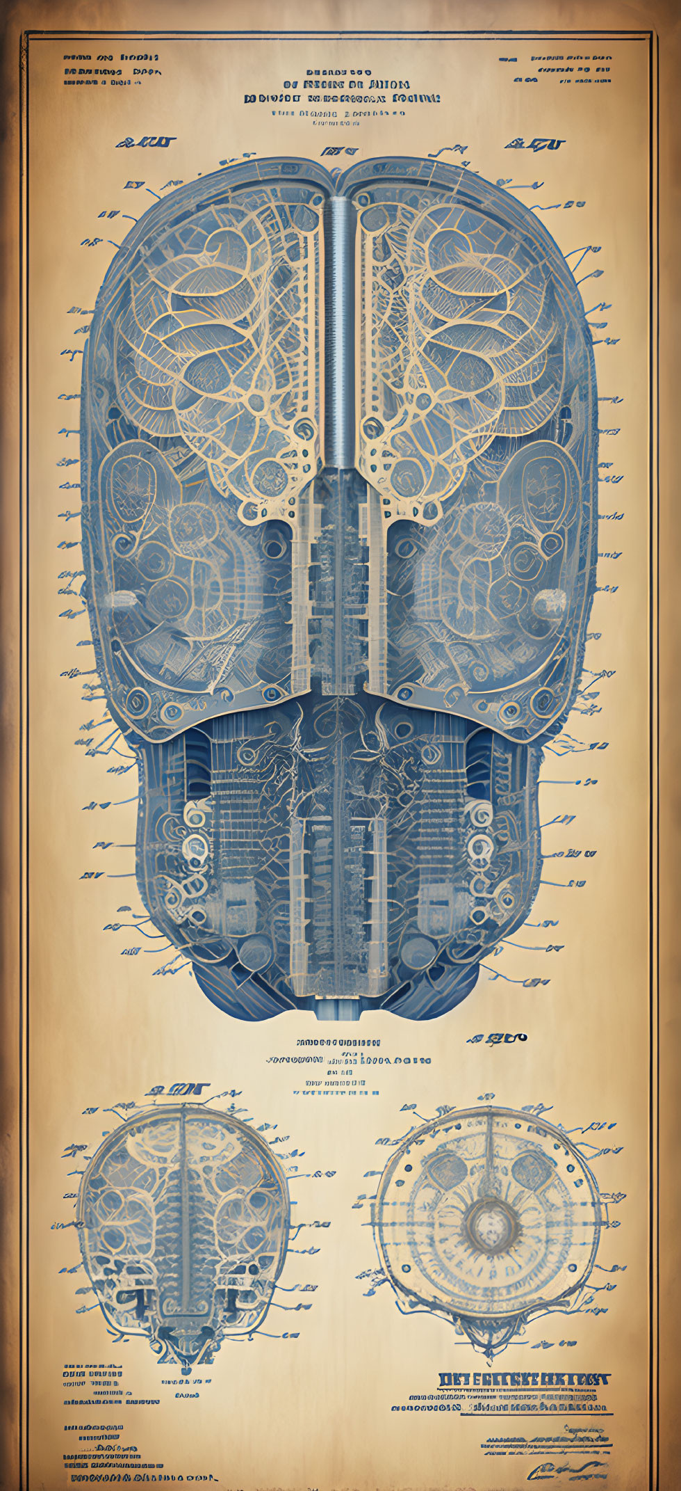 Detailed blueprint of twin-engine airplane propeller system on vintage paper