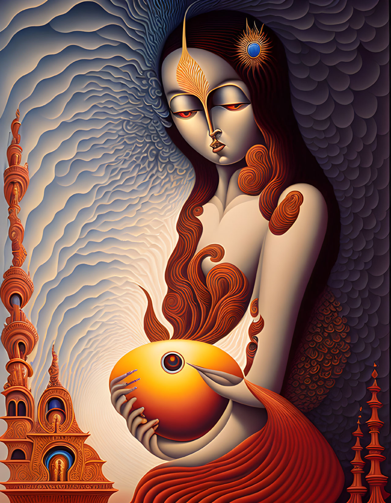 Stylized illustration of woman with flowing hair holding glowing orb against ornate towers and patterned sky