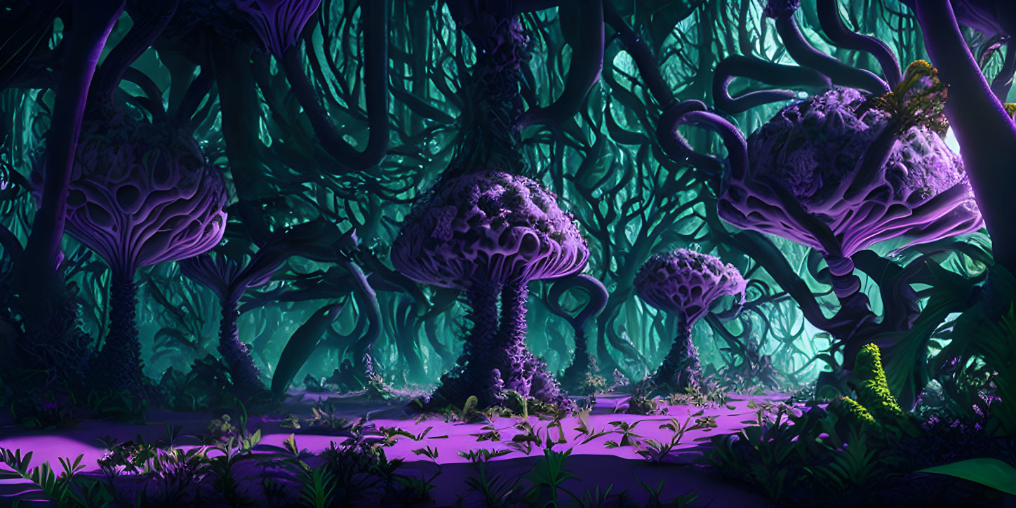 Mystical Purple Forest with Mushroom Trees and Twisting Vines