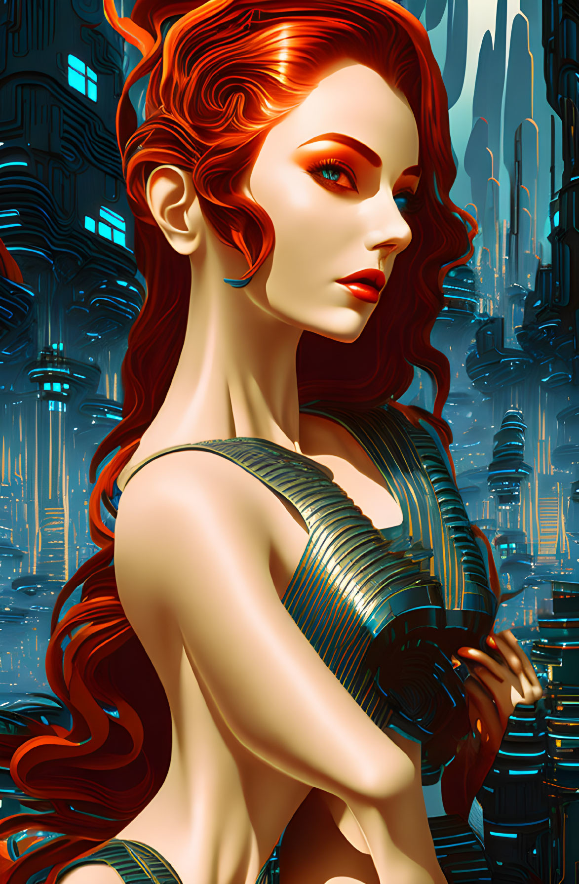 Red-haired female character in futuristic clothing against neon blue cityscape