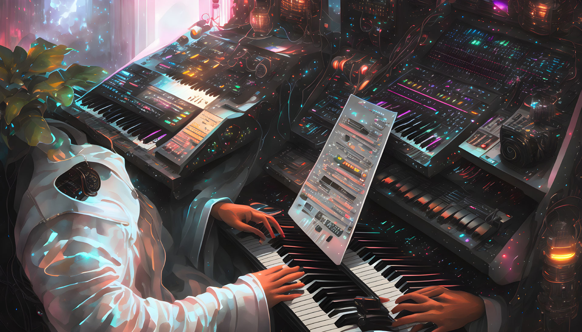 Astronaut playing keyboard in futuristic music studio