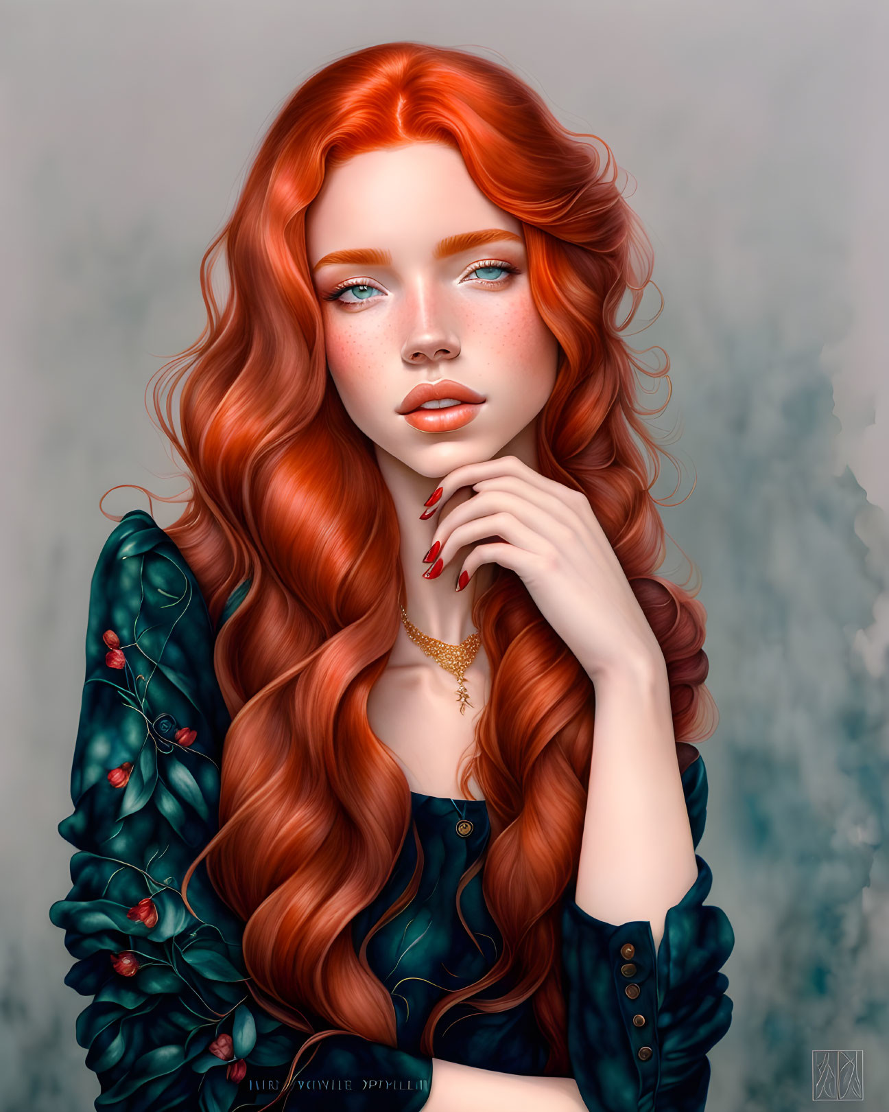 Digital portrait: Woman with red hair, green eyes, teal outfit, and leaf details