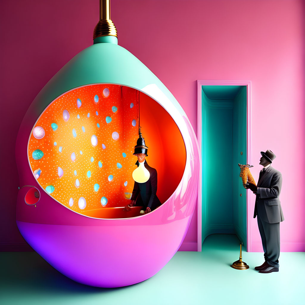 Surreal image: person in giant light bulb chair, second person with saxophone by door