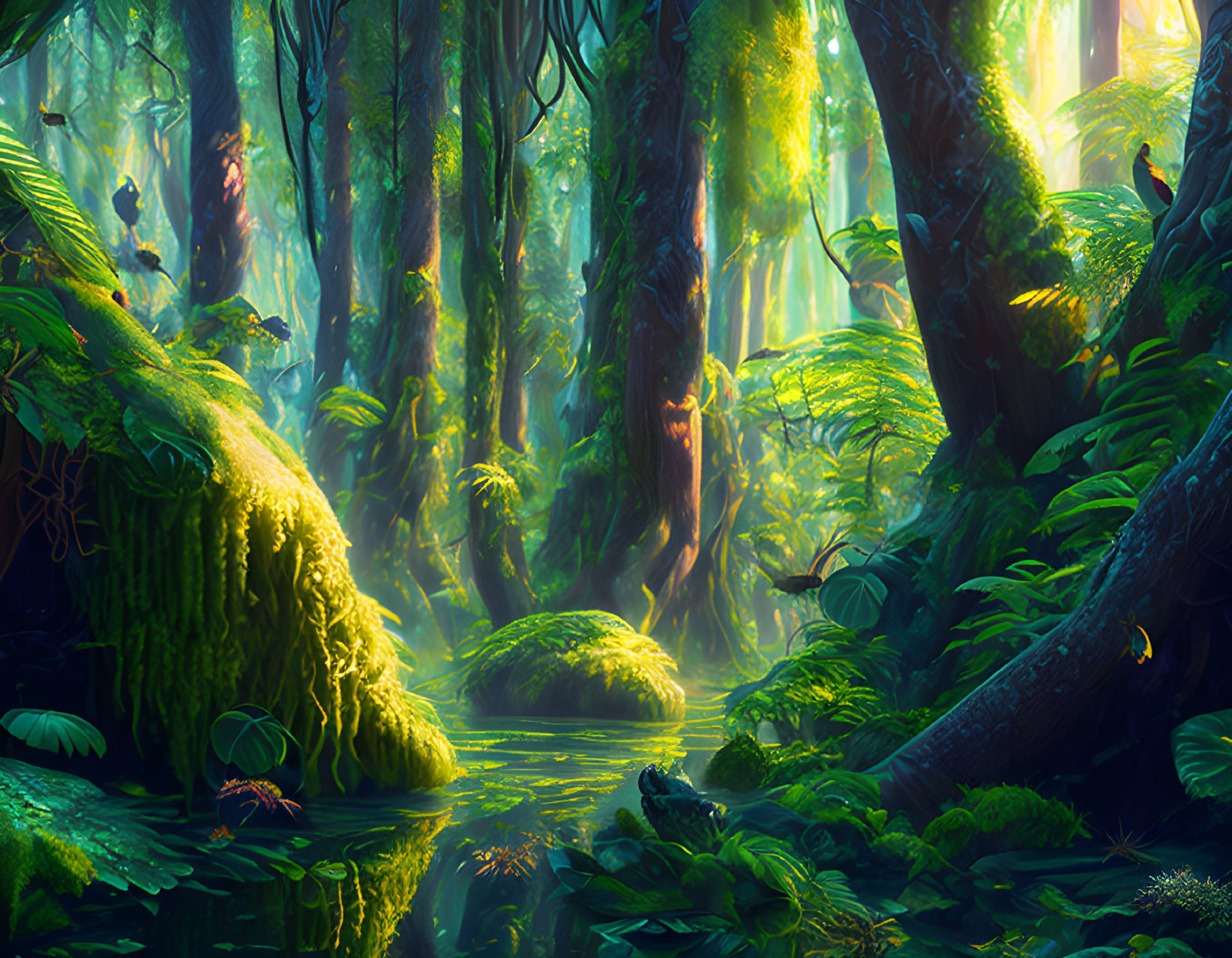 Serene forest scene with sunlight, stream, and vibrant plant life