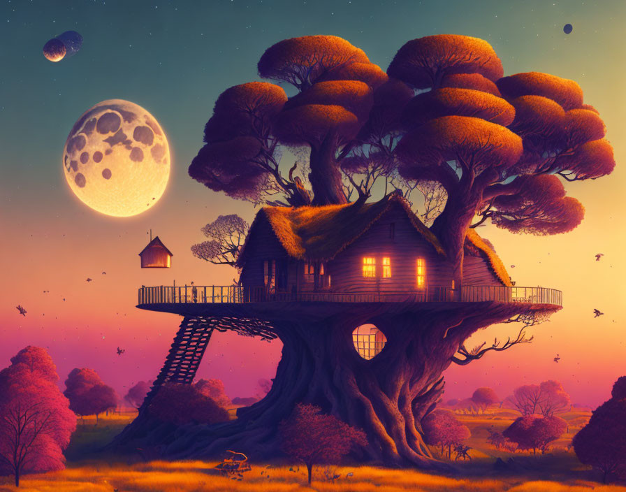 Illustration: House in giant tree under starry sky & moon in purple twilight landscape