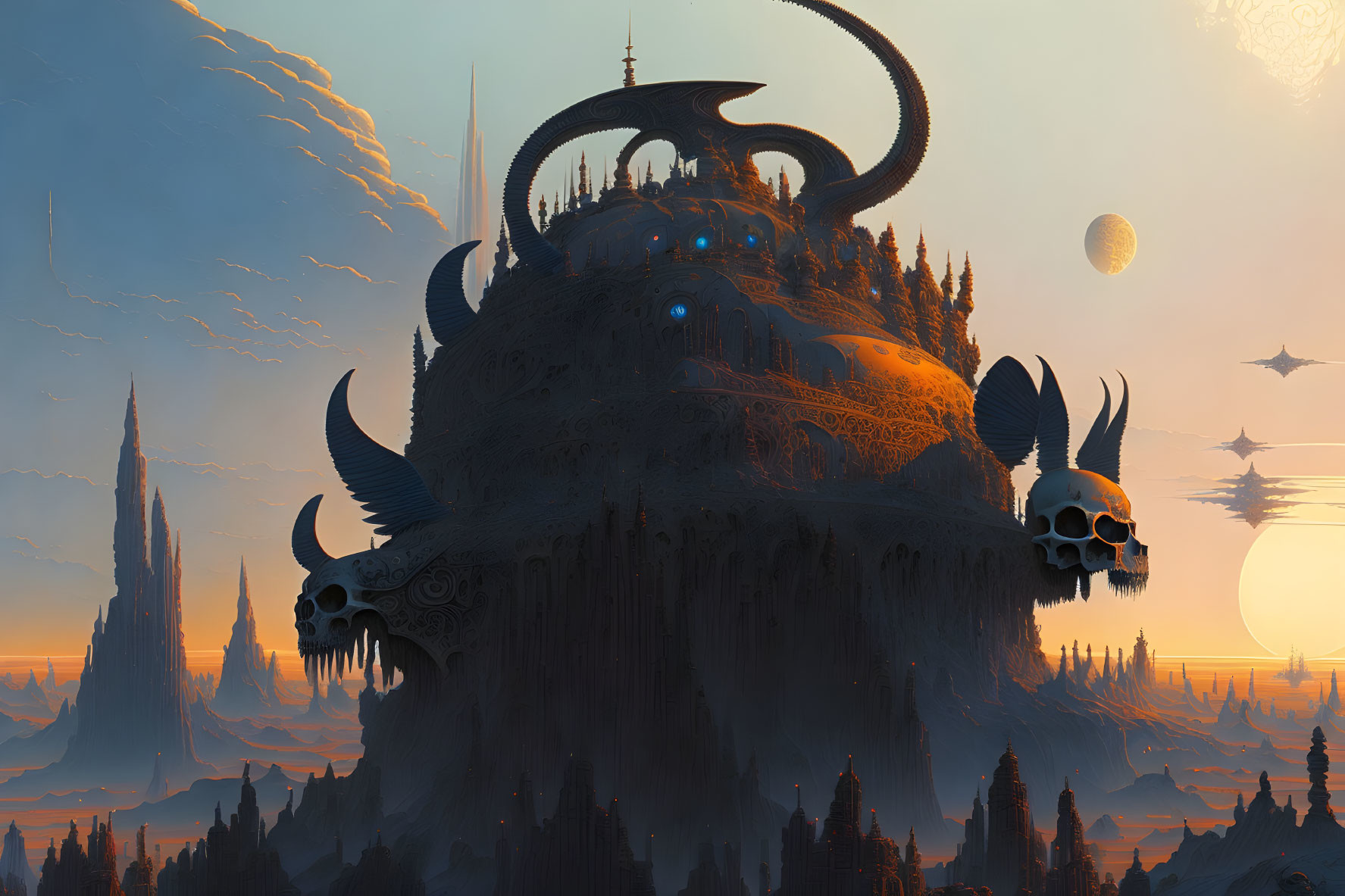 Fantastical floating city on giant skull with spires and domes.