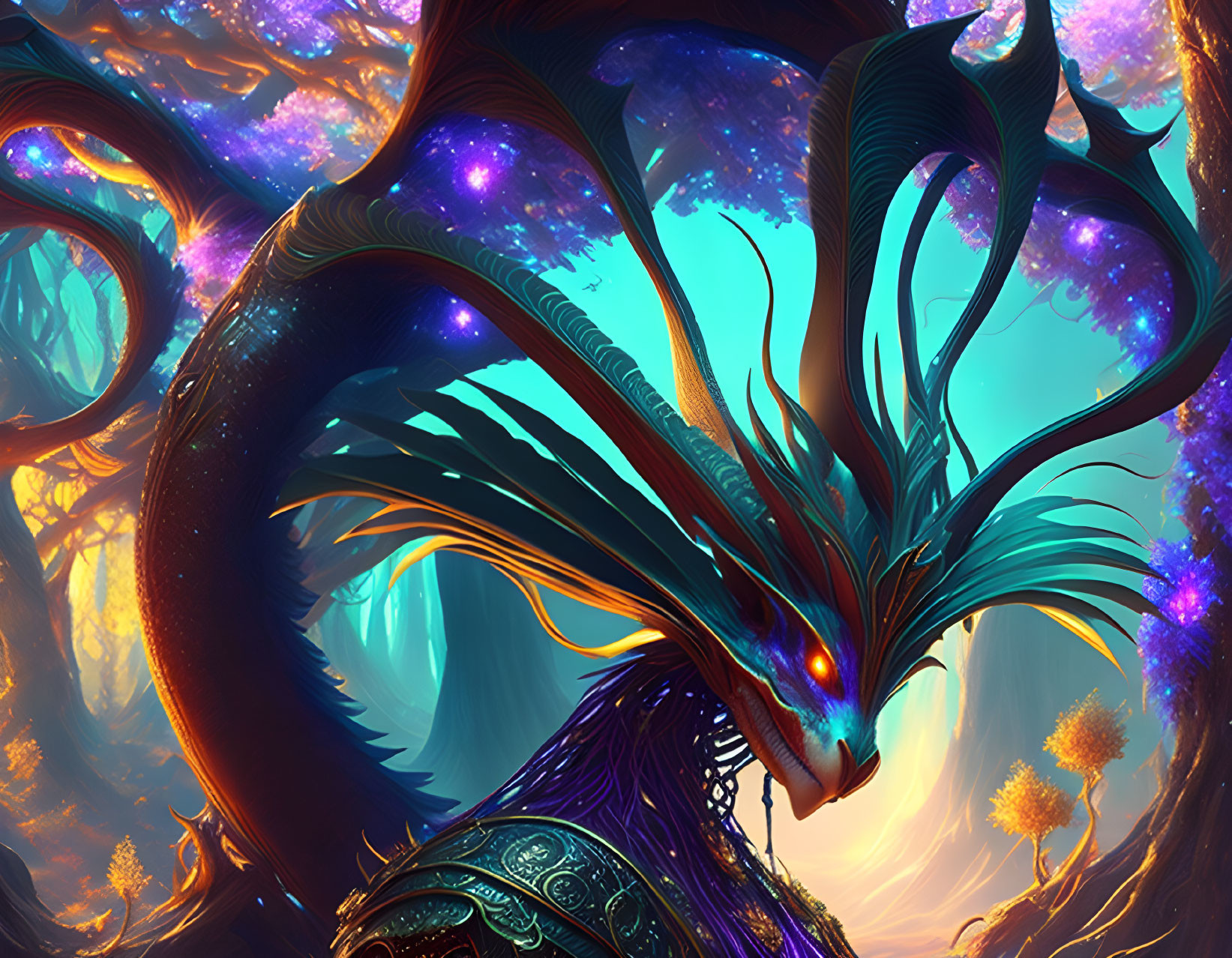 Majestic dragon with vibrant scales in enchanted forest