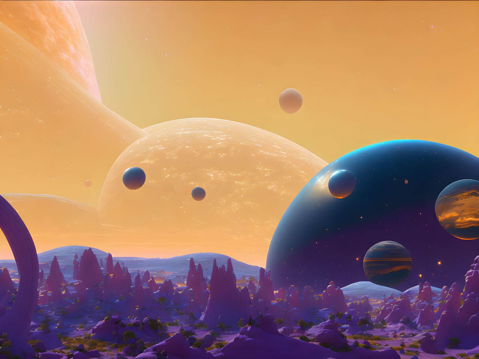 Colorful Alien Landscape with Planets, Moons, and Purple Vegetation