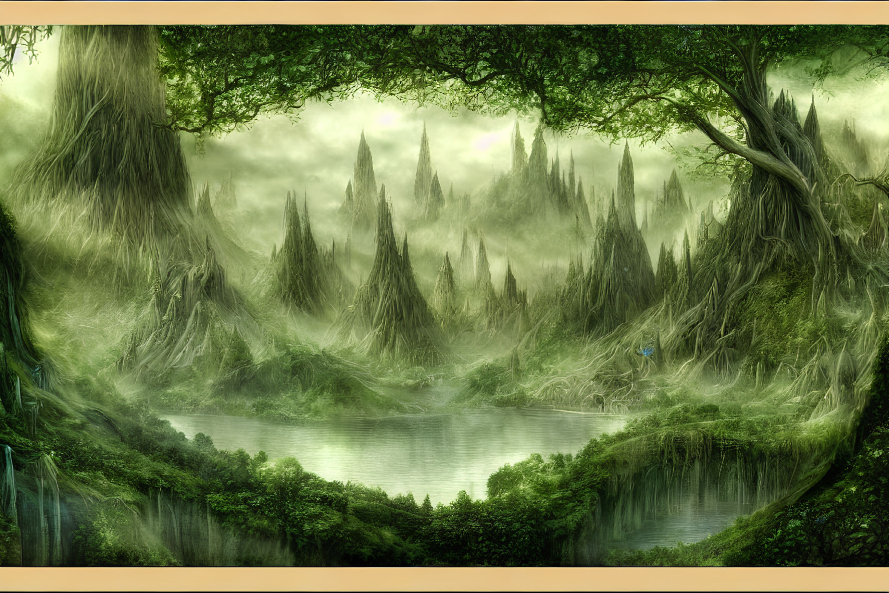 Mystical landscape with towering tree-rooted spires and tranquil lake