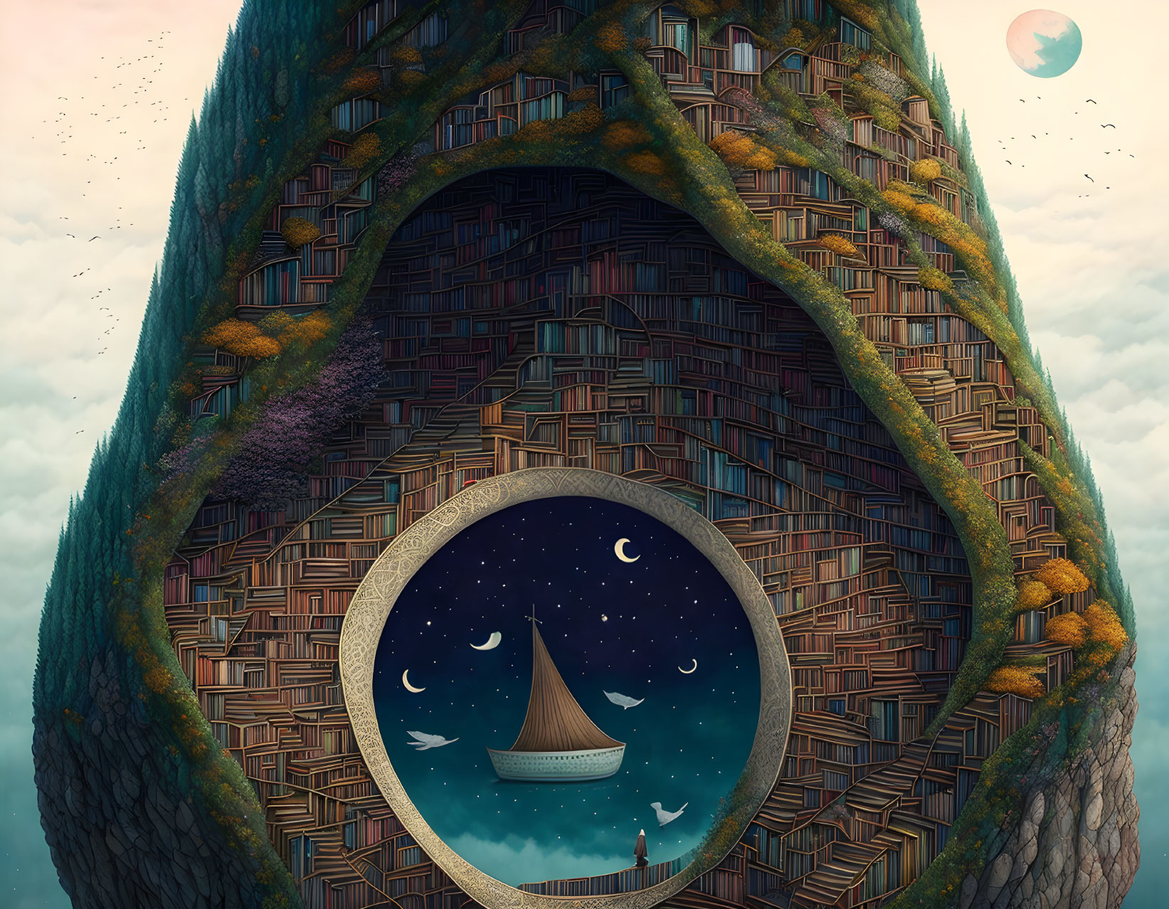 Surreal image: tree with book shelves, circular portal to night sky with boat, foliage,