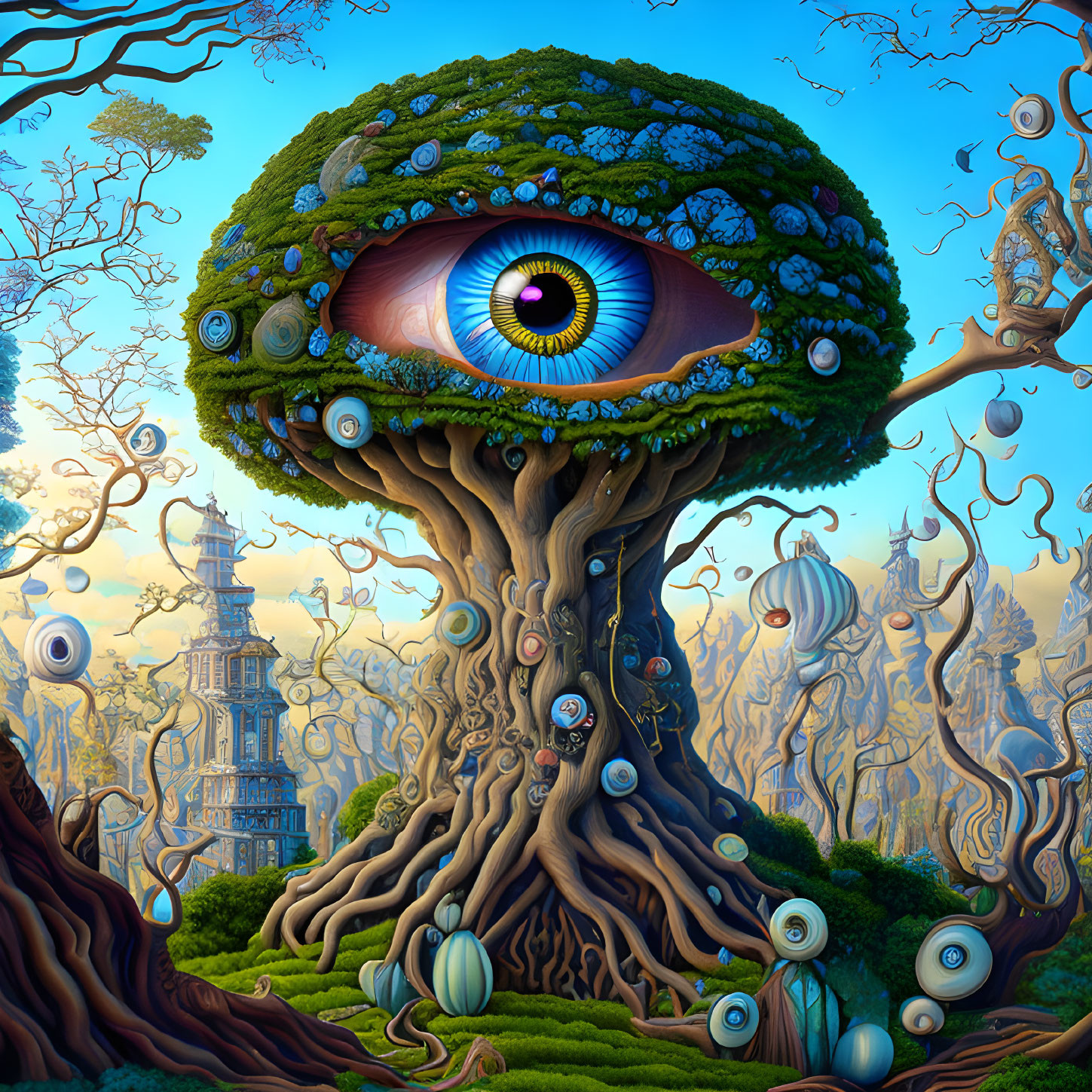 Surreal landscape with eye-shaped tree, whimsical plants, and floating orbs