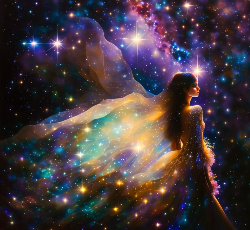 Woman with star-filled hair and dress in cosmic backdrop