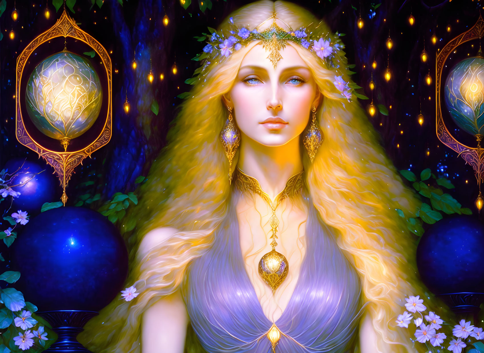 Mystical woman with blonde hair in enchanted forest scene