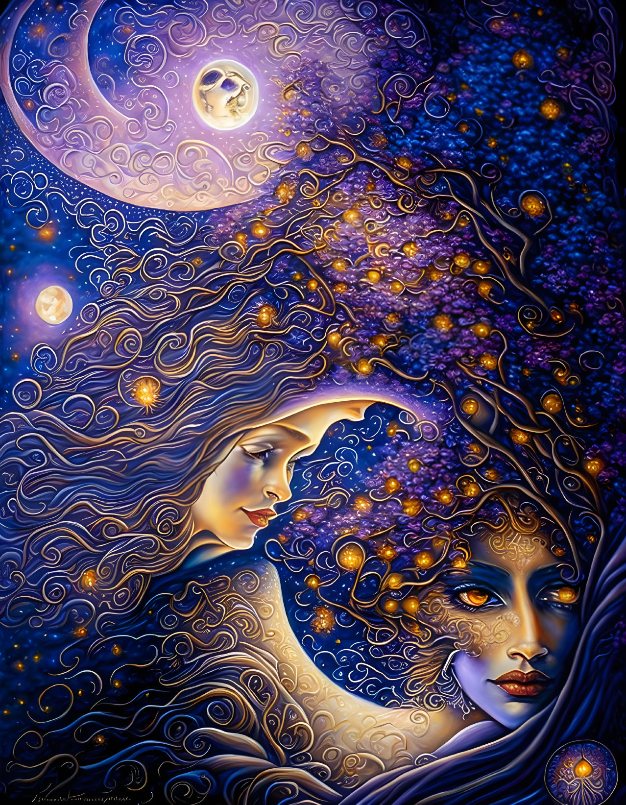 Colorful artwork: Two female profiles with flowing hair in cosmic setting