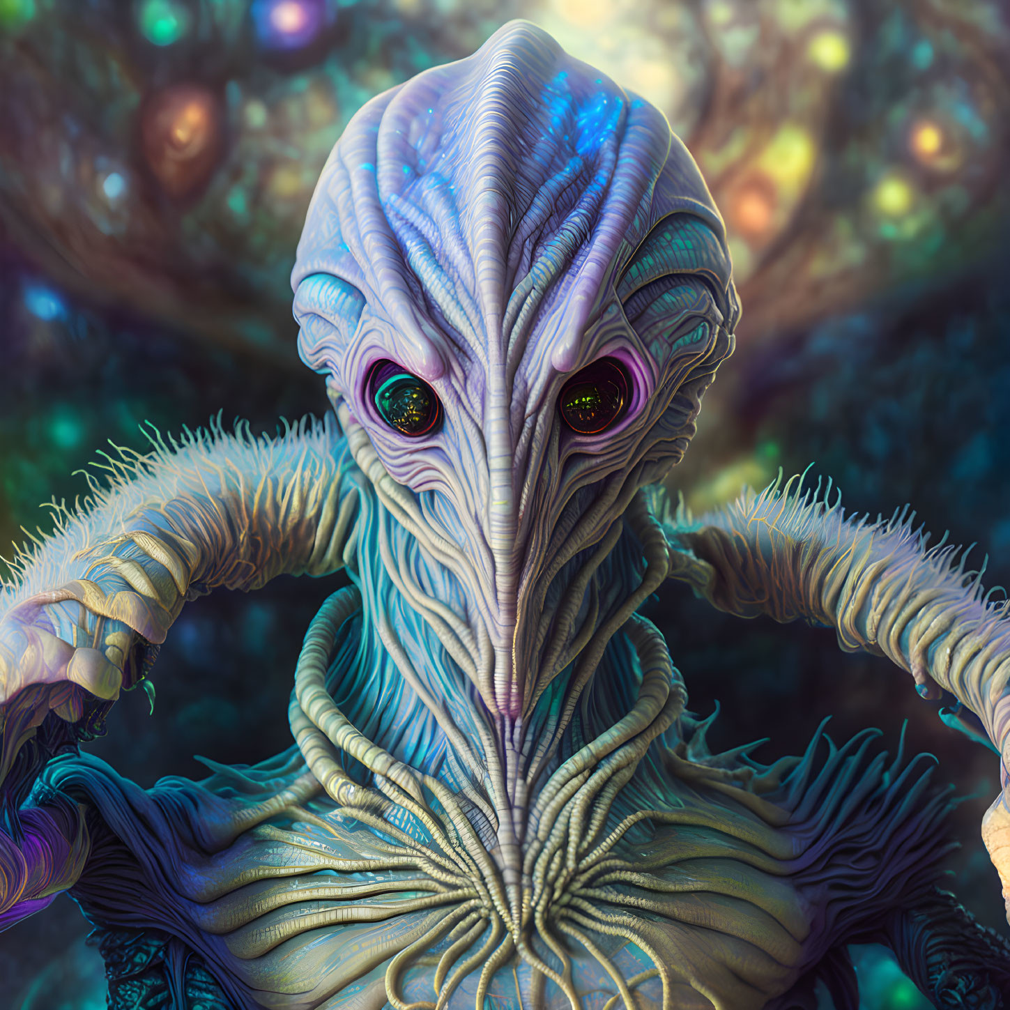 Detailed Image of Alien Creature with Black Eyes and Cosmic Background