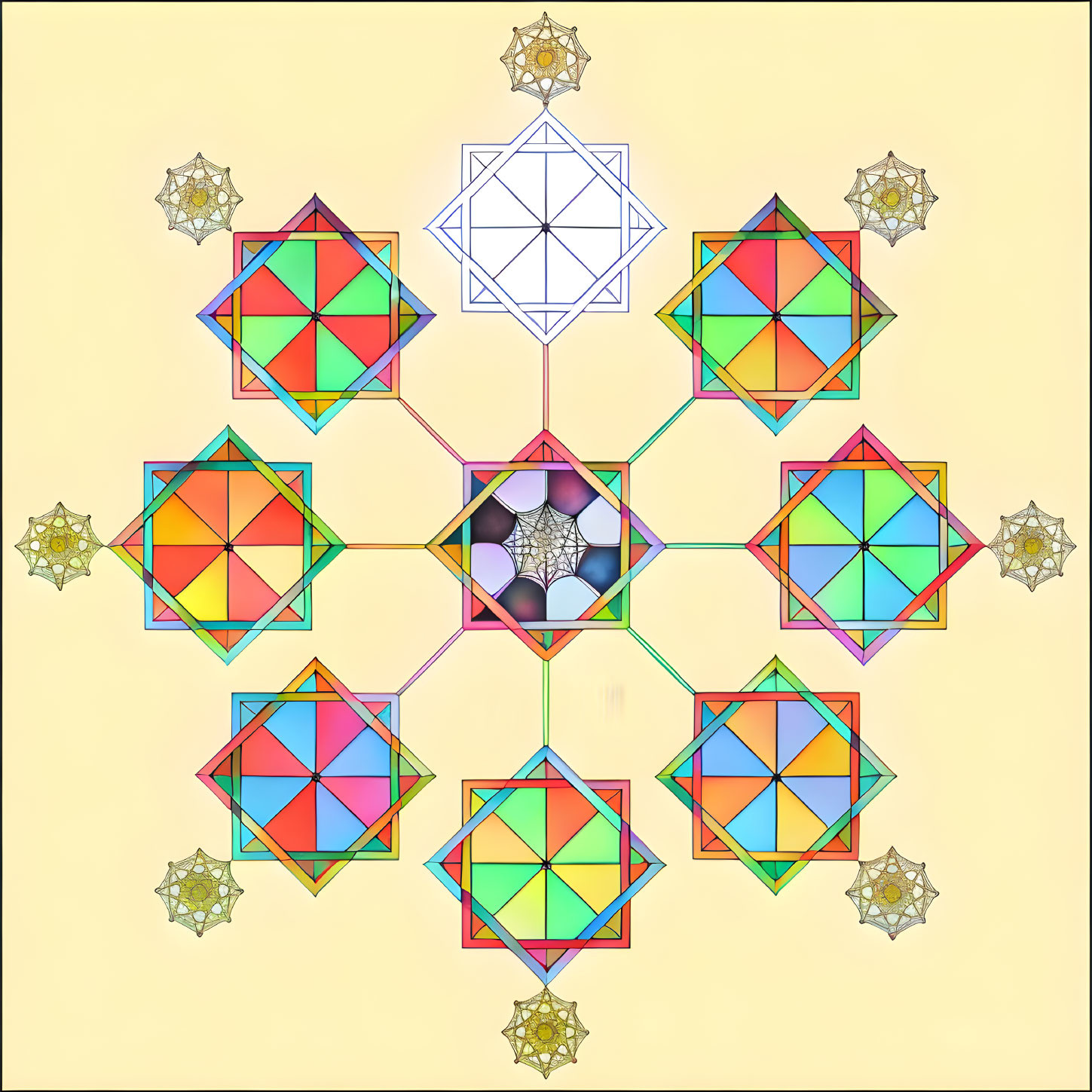 Vibrant geometric artwork with multicolored hexagon on yellow background