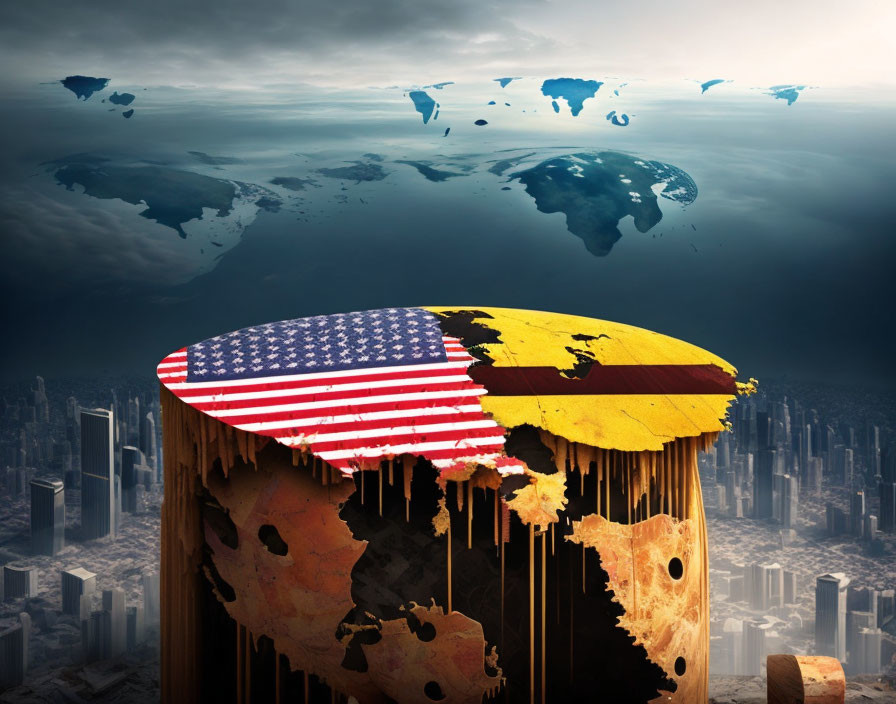 Conceptual image: Melting Earth with American and Belgian flags over cityscape.