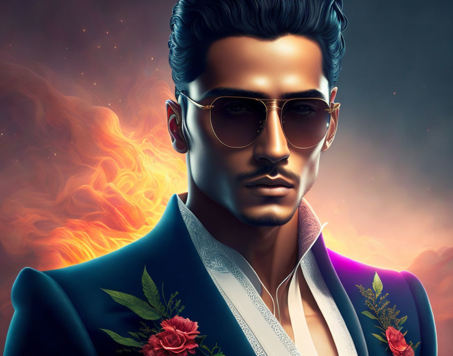 Man in Floral Suit Jacket with Sunglasses on Fiery Background