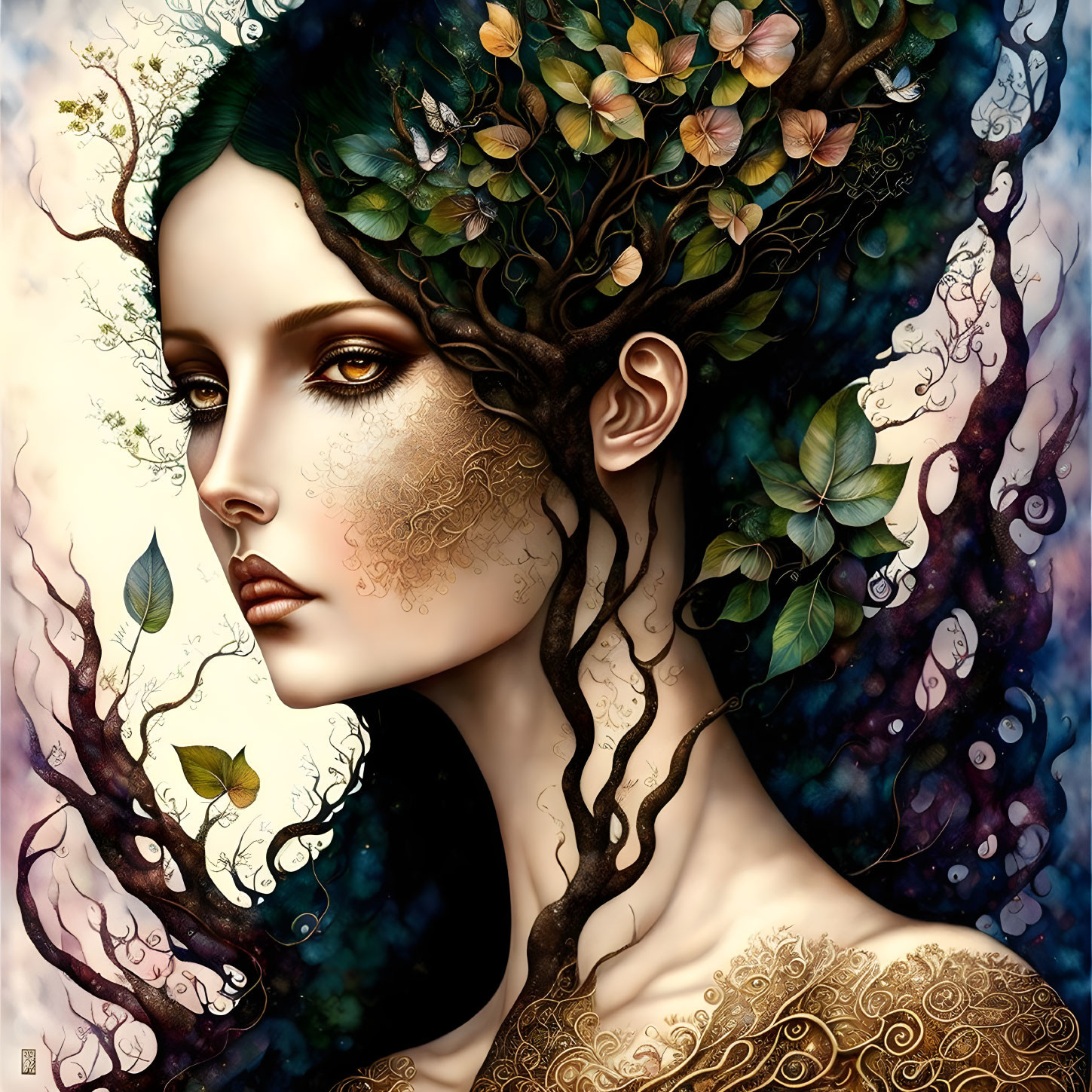 Woman with tree branch hair and cosmic backdrop.