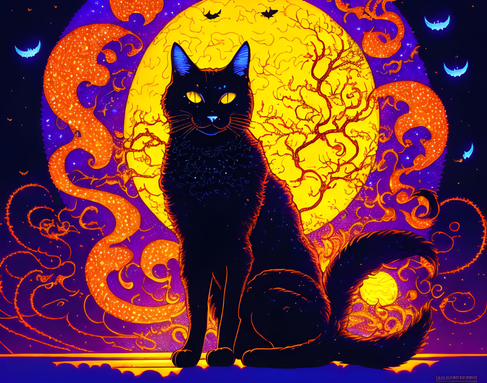 Black cat under golden moon with bats and trees in starry sky