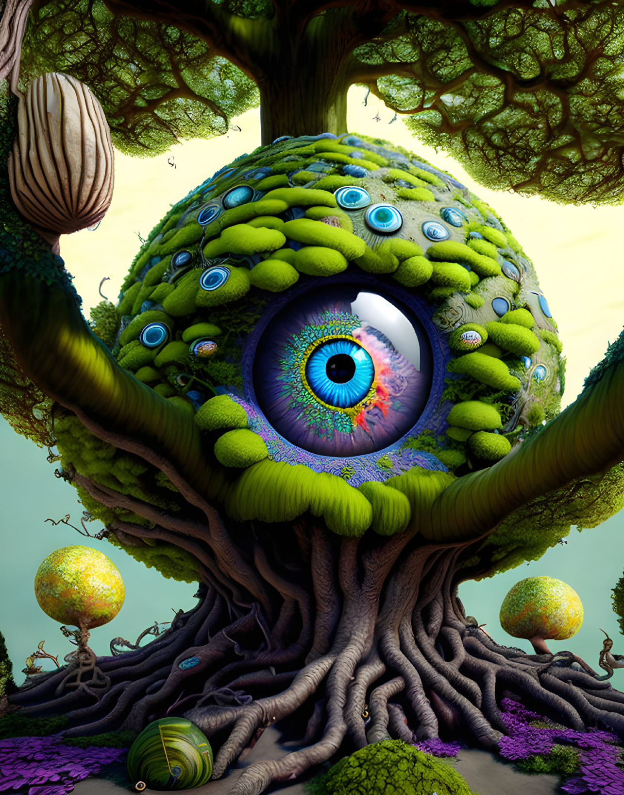 Surreal artwork: Enormous eye on tree, eye orbs, twisting roots